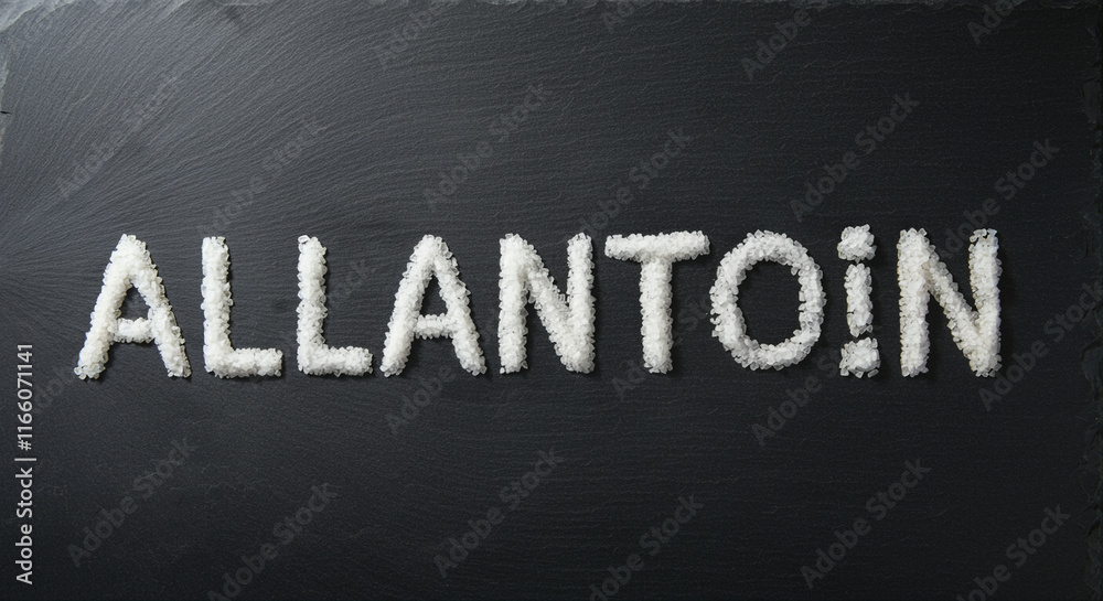 Salt word art made from granulated salt creating the word allantoin on a dark slate background Salt word art made from granulated salt creating the word allantoin on a dark slate background