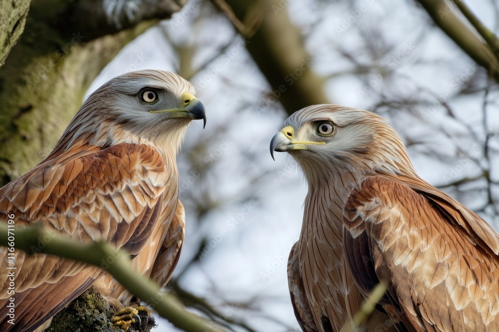 A pair of brown and white birds sit together on a tree branch, looking out at the viewer A pair of brown and white birds sit together on a tree branch, looking out at the viewer