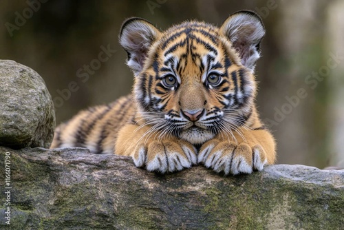 A young tiger rests on a rocky outcropping, its fur fluffed for warmth