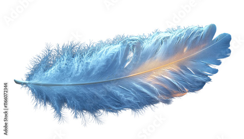 A soft, white feather gently falling on a transparent background, with intricate details on its fibers on a transparent background