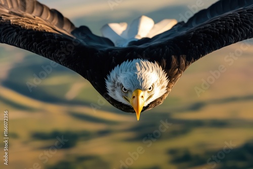 A bald eagle soaring through the sky above a lush green field, perfect for environmental or wildlife photography photo