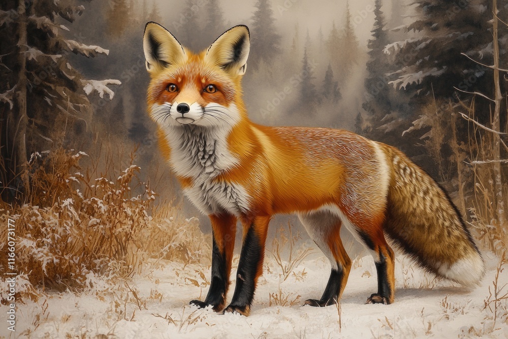 Obraz premium A fox stands in the snow, possibly hunting or exploring