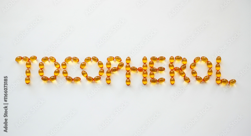 Vitamin capsules and tocopherol layered on a white background highlighting health supplements and nutrition benefits Vitamin capsules and tocopherol layered on a white background highlighting health supplements and nutrition benefits