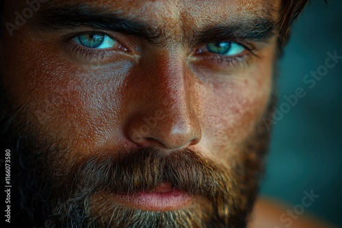 Man with striking blue eyes and beard gazes intently, showcasing rugged features and strong expression photo