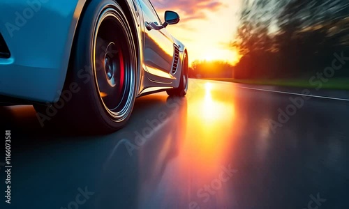 A dynamic shot of a car speeding on a wet road during sunset.