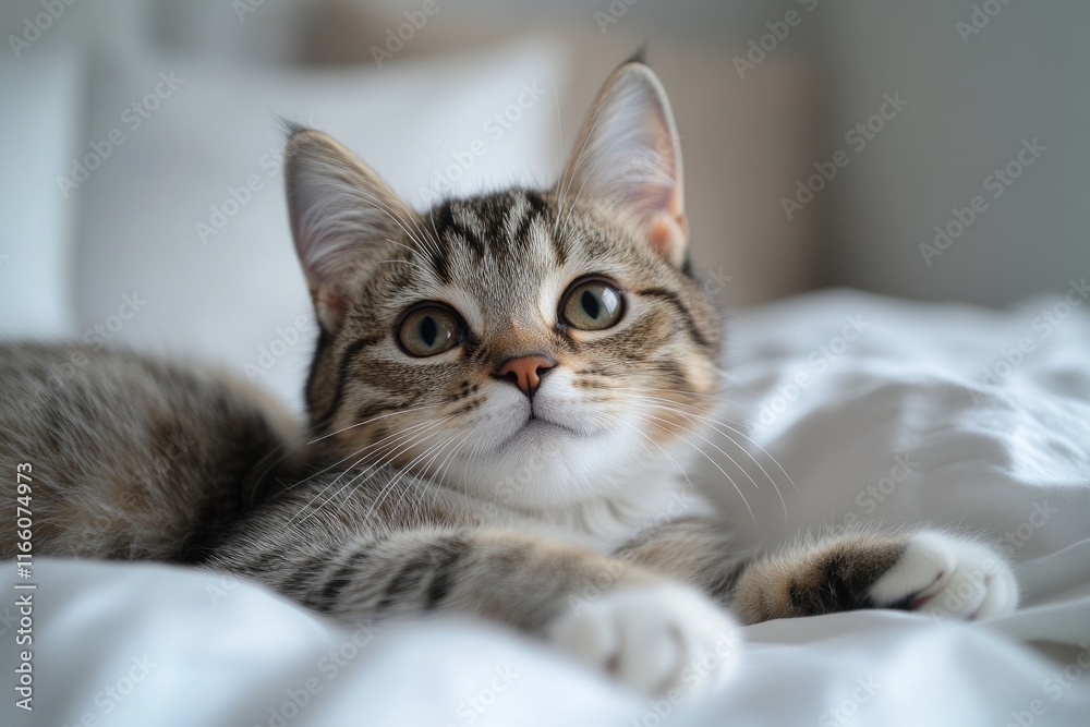 A domestic cat lounging on a clean white bed