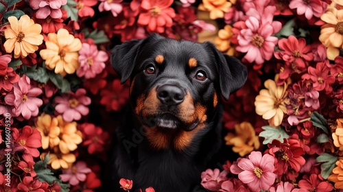 A striking Rottweiler portrait framed by vibrant flowers, blending nature and canine beauty, evokes feelings of peace, strength, and companionship in a natural setting. photo