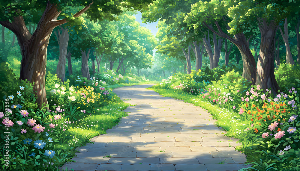Obraz premium Serene stone path winding through a lush, vibrant forest garden, bathed in sunlight; idyllic, tranquil summer scene.