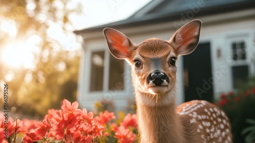 A sweet fawn poses in a colorful garden of flowers, showcasing its innocence and the vibrant beauty of nature surrounding it under warm sunlight near a cozy home. photo