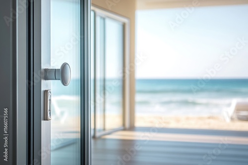 A serene ocean view through a sliding glass door, perfect for use in interior design or travel photography photo