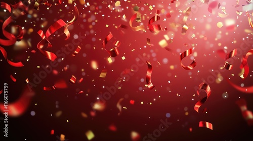 Shiny red glitter confetti and bokeh lights on blurred abstract background. website banner. Abstract background with red confetti falling on holiday party for holiday, valentine's day or carnival.
