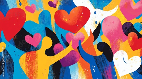 A dynamic charitythemed illustration featuring abstract figures sharing hearts and smiles, emphasizing compassion and community care, with bold, vivid colors