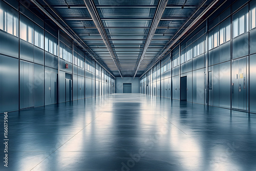 stock photo features a minimalist, industrial-style room with sleek, gray metal walls and floors, creating a modern and futuristic atmosphere photo