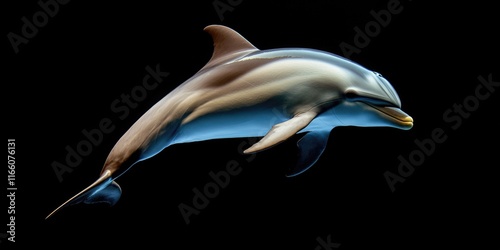 A dolphin leaping out of the water with its body arched and fins extended photo