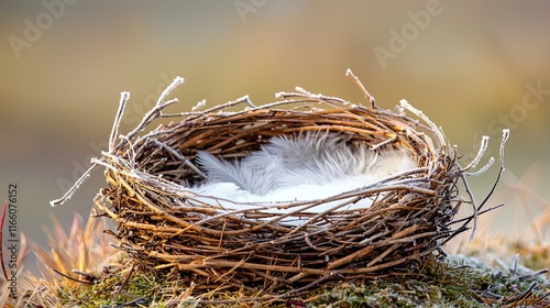Migratory Birds Nesting in Arctic Ecosystems, a macro photography shot of an arctic bird’s nest made from twigs and feathers, with faint frost on its edges glowing in natural light