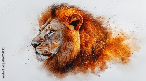 Majestic lion's head, fiery mane, watercolor effect. photo