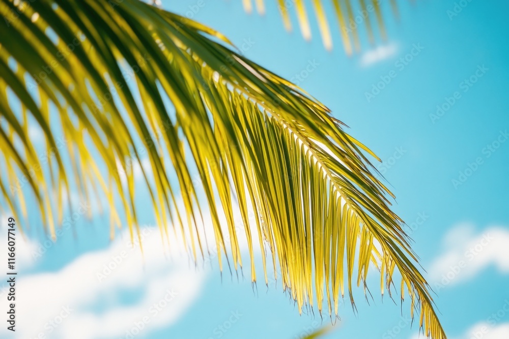 Fototapeta premium Close up shot of a palm tree against a bright blue sky, perfect for use as a decorative element or to add tropical flair to your design