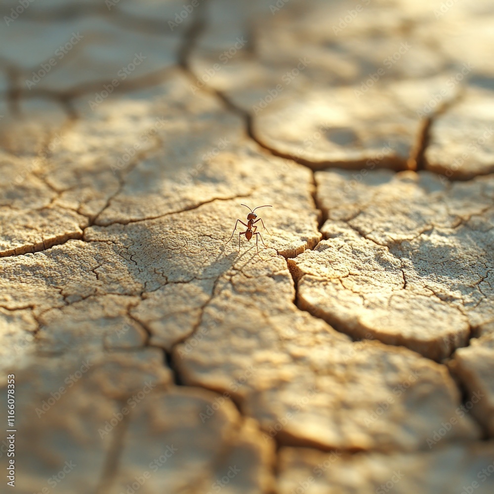 Fototapeta premium Lone ant on cracked, dry earth.