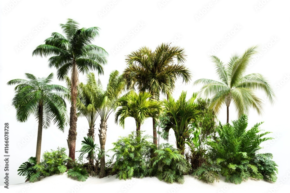 Fototapeta premium A group of palm trees standing upright on a plain white background
