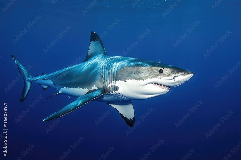Fototapeta premium A great white shark swims in the ocean, providing an underwater perspective