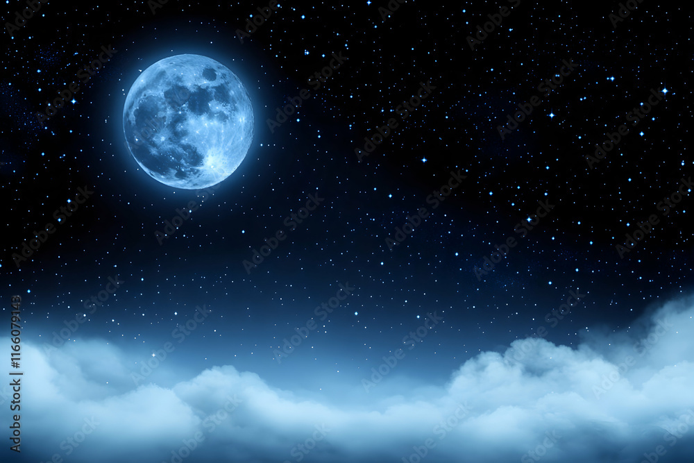 Fototapeta premium Serene night scene featuring a large, bright full moon, countless stars, and a layer of soft clouds across the bottom. Ideal for dreamy backgrounds, peaceful imagery, and celestial themes.