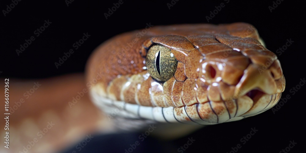 Fototapeta premium Close-up shot of a snake's head on a black background, perfect for editorial or design use