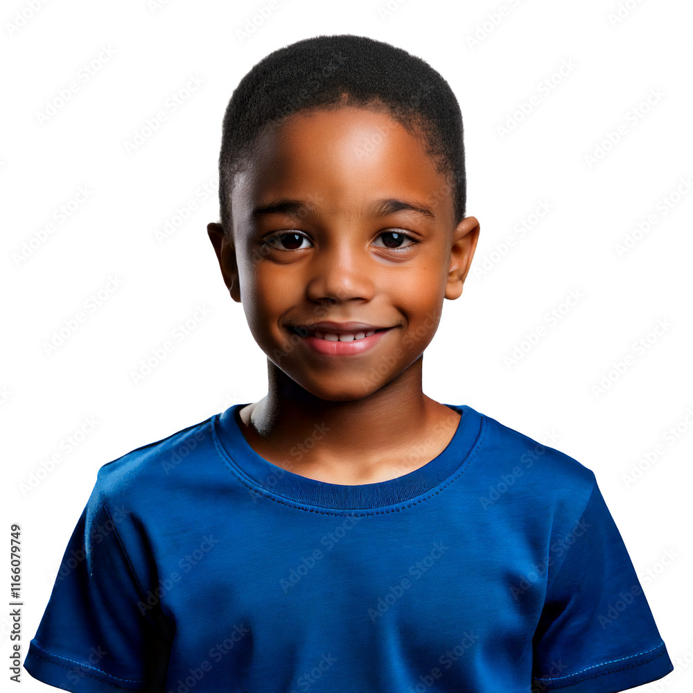 Young African-American boy smiling and wearing blue t-shirt, isolated on white transparent background Young African-American boy smiling and wearing blue t-shirt, isolated on white transparent background