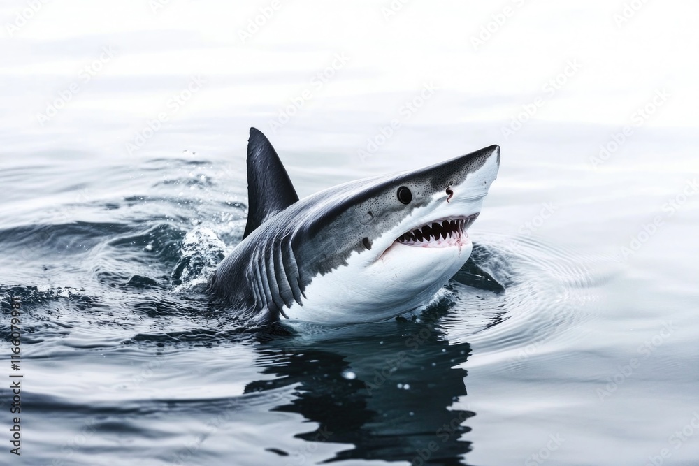 Fototapeta premium A great white shark swimming underwater with its mouth open, ready to catch prey