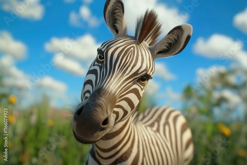 Close-up shot of a zebra in its natural habitat, suitable for wildlife or nature-related projects photo