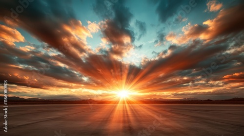 A breathtaking sunset fills the sky with vibrant colors, as rays of light pierce through dramatic clouds, creating a stunning atmospheric display at dusk. photo
