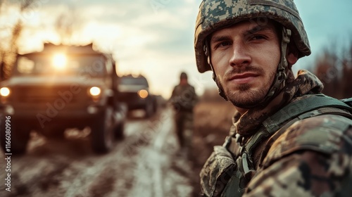 A focused soldier portrait captures determination and bravery, set against a backdrop of army vehicles, symbolizing strength, defense, and readiness in challenging environments.