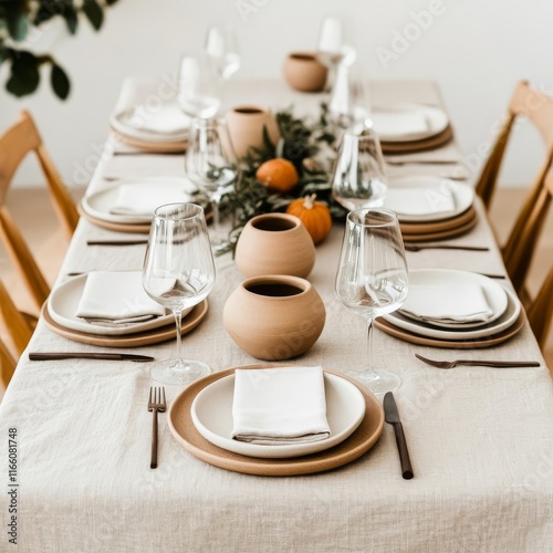 Neutral Thanksgiving table featuring taupe linens and minimalistic pottery, theme earthy refinement photo