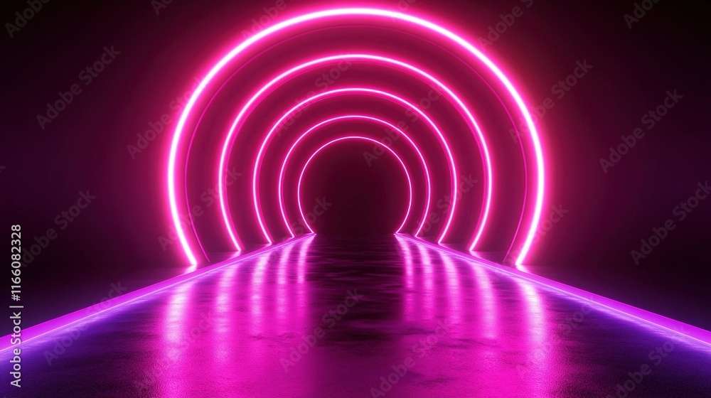 Naklejka premium Glowing pink neon circles forming a tunnel.