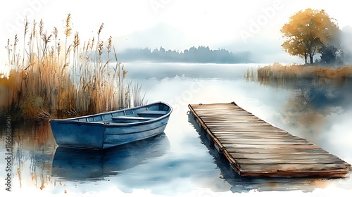 Serene autumnal lake scene with a small blue rowboat moored near a wooden dock, surrounded by tranquil misty water and reeds.