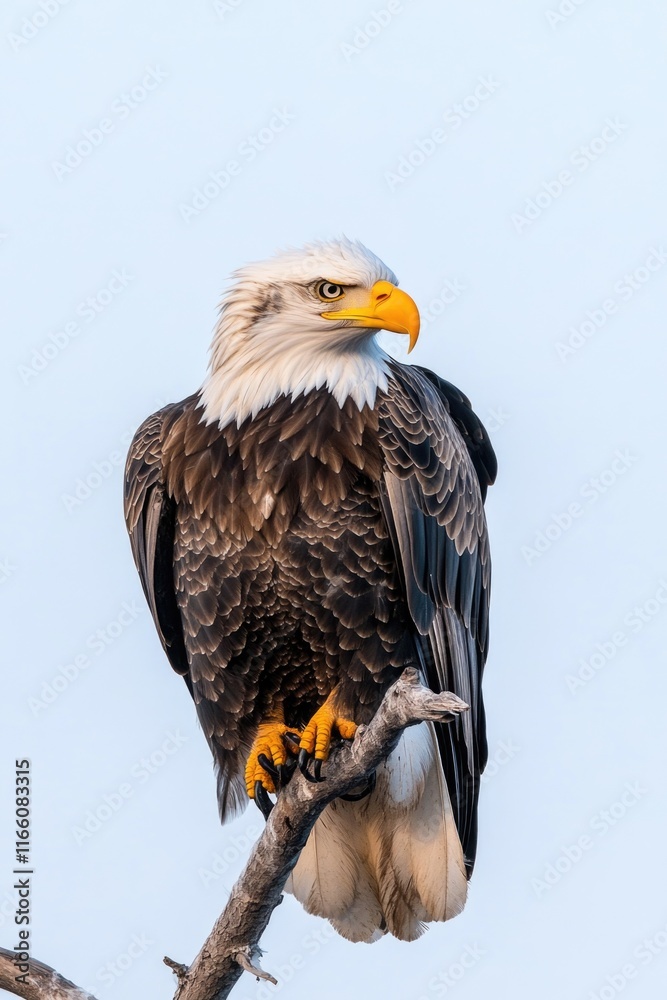 A majestic bald eagle rests on the branch of a tall tree, surveying its surroundings A majestic bald eagle rests on the branch of a tall tree, surveying its surroundings