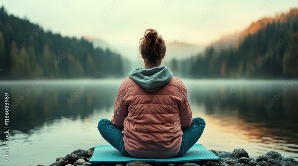 A woman sits peacefully in meditation by a misty lake, surrounded by mountains, embodying serenity and reflection in a serene natural environment at dawn. A woman sits peacefully in meditation by a misty lake, surrounded by mountains, embodying serenity and reflection in a serene natural environment at dawn.