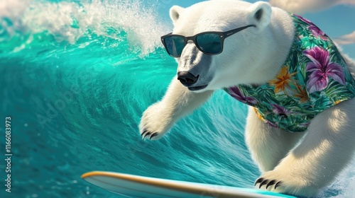 A polar bear riding a surfboard in a sunny day