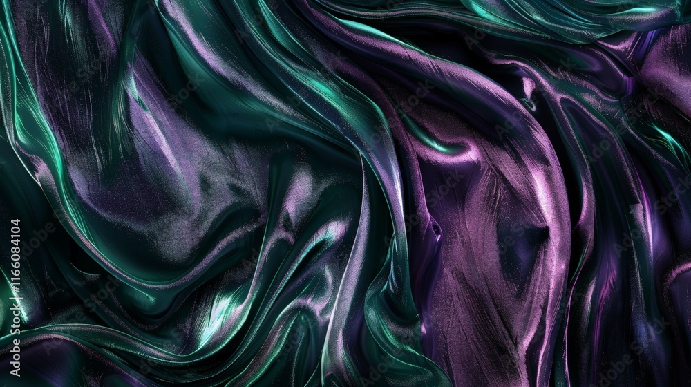 Fototapeta premium Smooth elegant green and purple metallic silk or satin folds forming an abstract background with waves and ripples