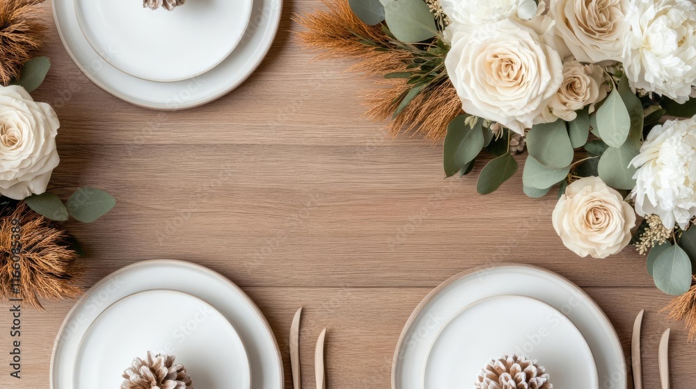 Neutral Thanksgiving table with natural beige florals and raw wood decor, focus understated charm Neutral Thanksgiving table with natural beige florals and raw wood decor, focus understated charm