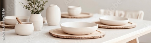 Neutral Thanksgiving table with raw wood chargers and pale cream pottery, theme rustic minimalism photo