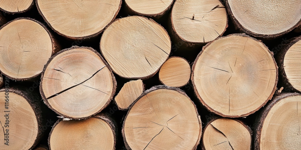 Fototapeta premium wood logs, cross-sections, tree rings, stacked firewood, natural textures, circular patterns, forest resource, timber industry, warm tones, organic shapes, rustic background, close-up detail, woodgrai