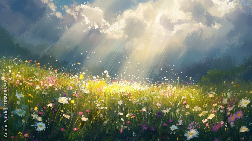 Obraz premium Sunlit Meadow with Wildflowers and Green Grass