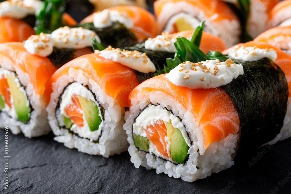 Delicious sushi rolls crafted with fresh salmon and creamy toppings at a vibrant restaurant Delicious sushi rolls crafted with fresh salmon and creamy toppings at a vibrant restaurant