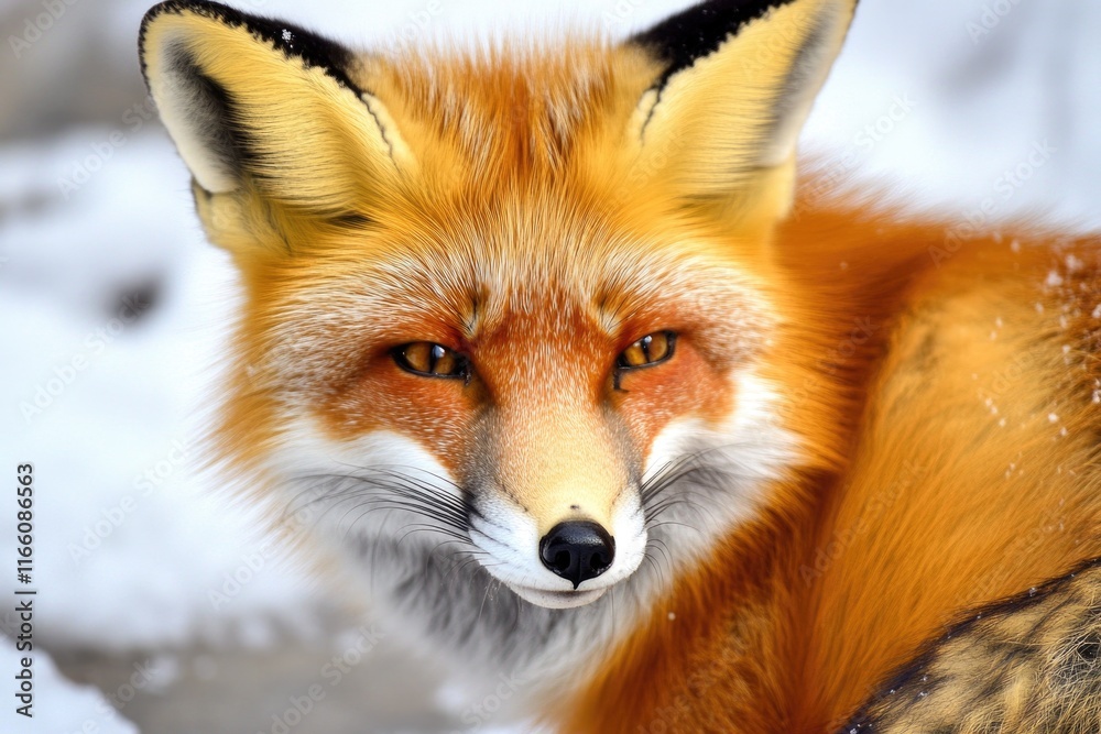 Fototapeta premium A close-up photo of a red fox in snowy environment, great for winter or nature themed projects