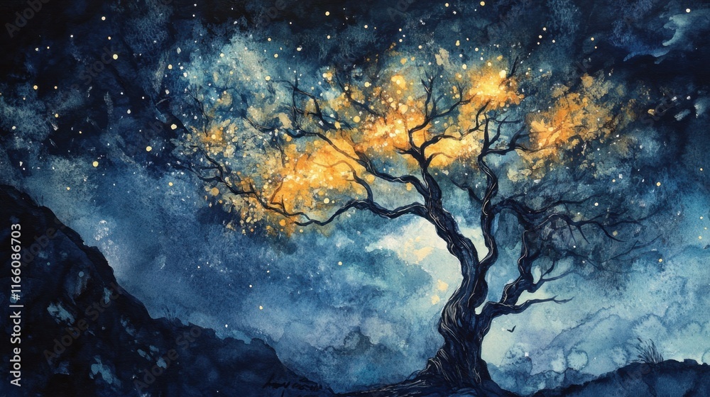 Obraz premium Surreal Watercolor Tree with Glowing Branches at Night