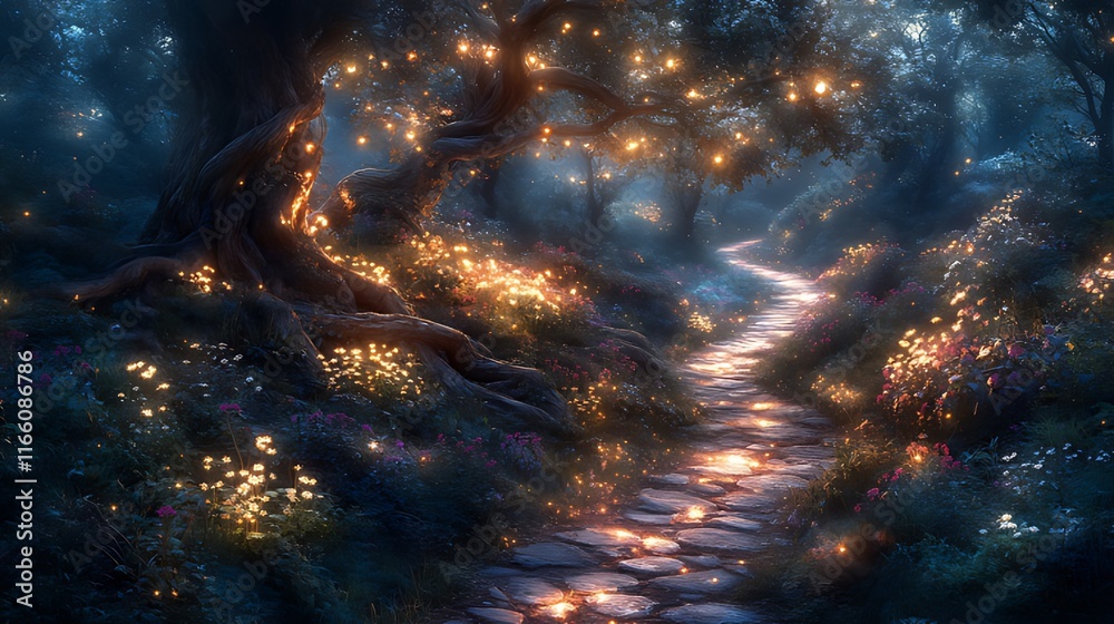Obraz premium Enchanting magical forest path at night with glowing lights and flowers.
