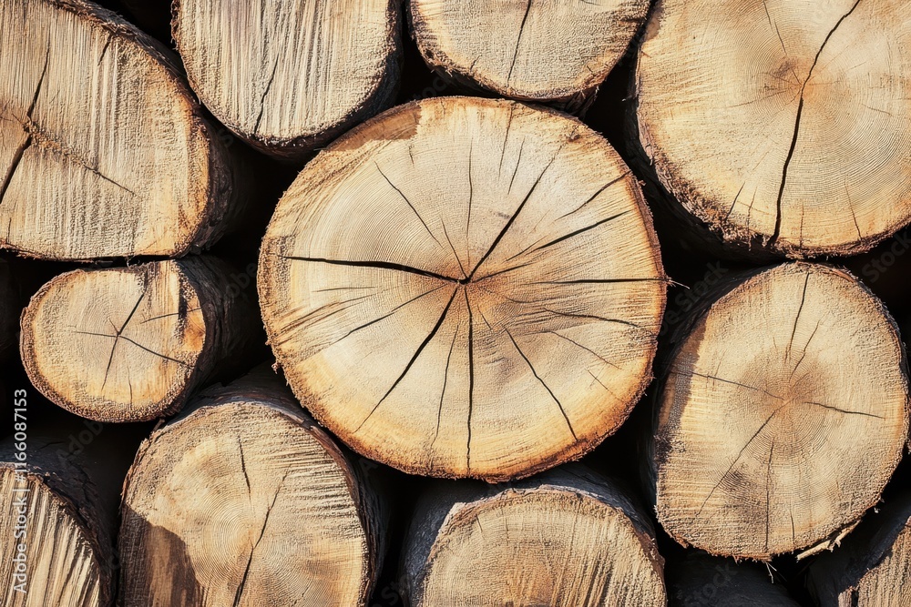 Naklejka premium wood logs, cross-sections, tree rings, stacked firewood, natural textures, circular patterns, forest resource, timber industry, warm tones, organic shapes, rustic background, close-up detail, woodgrai