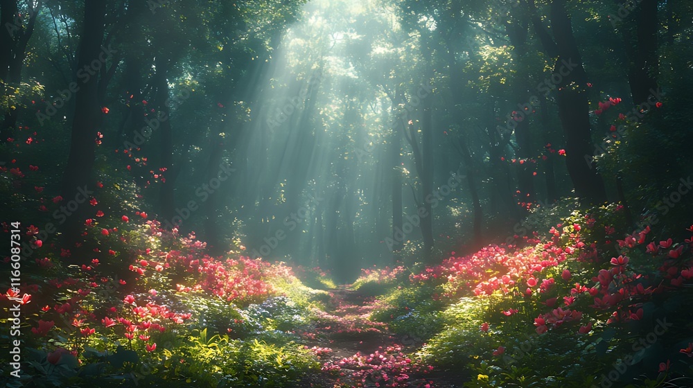 Obraz premium Sunbeams illuminate a magical forest path lined with vibrant pink flowers and lush greenery.