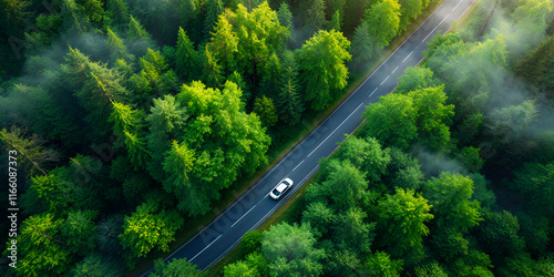 Futuristic Green Transport: Aerial View of Forest Road with Electric Vehicle and Eco-Friendly Technology Icons photo