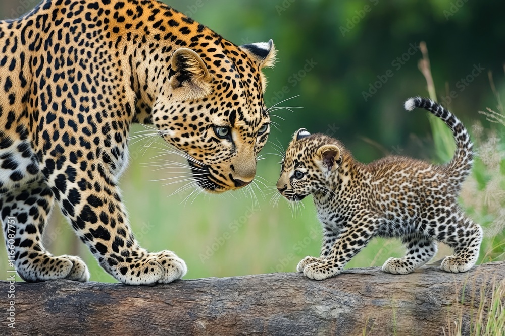 A mother leopard and her baby walking together on a log in the wild A mother leopard and her baby walking together on a log in the wild
